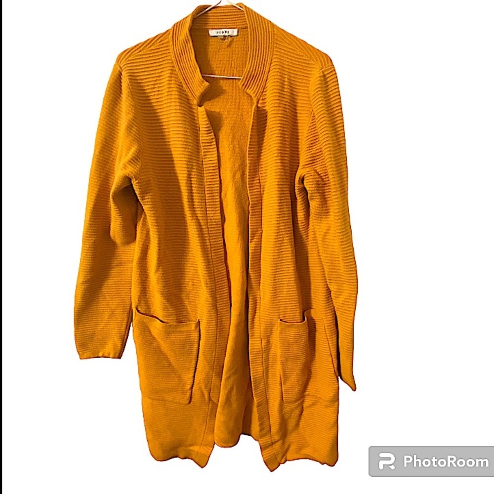 Sioni Wool Blend Ribbed Long Line Open Front Cardigan Mustard Size Medium.
